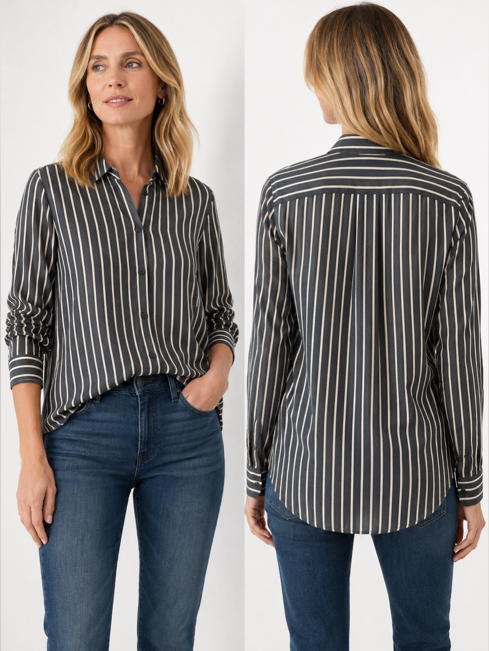 Banana Republic Parker Tunic Fit Striped Viscose Blouse Gray White Medium